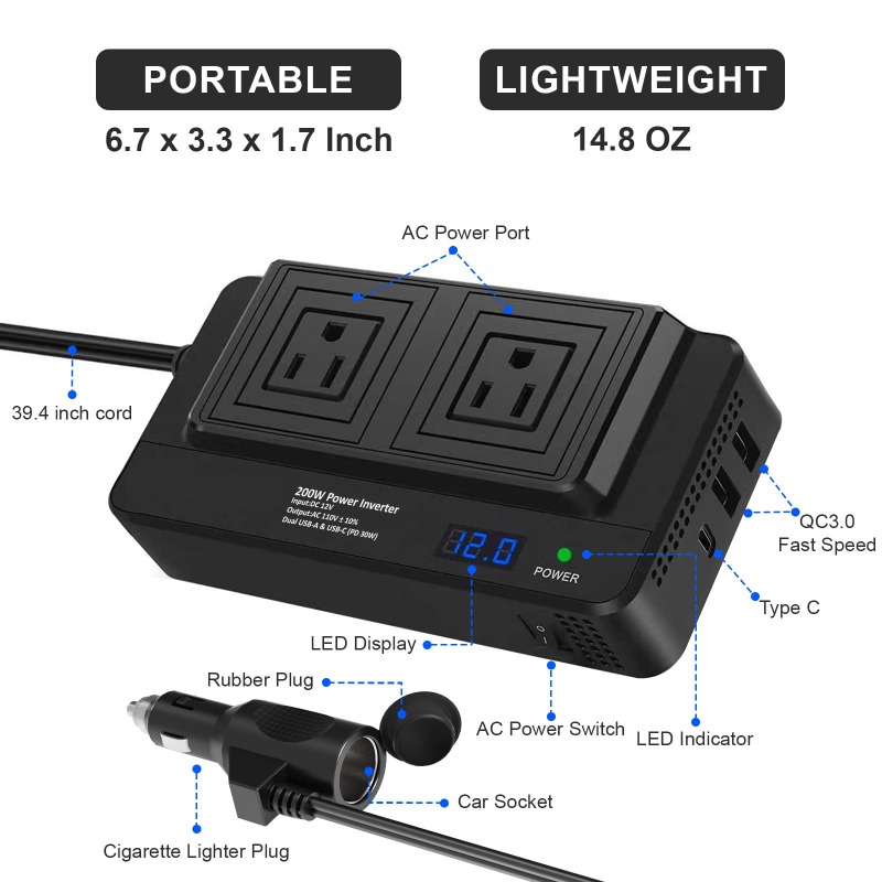 อินเวอร์เตอร์รถยนต์ 200W อะแดป - Outdoor Power Adapter Usb C บทวิจารณ์และราคา